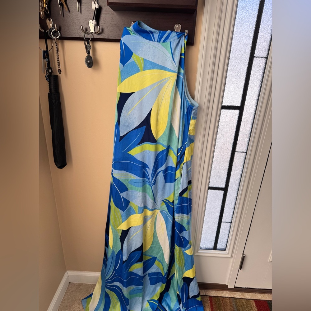 Nicole Miller Blue and Yellow Leaf Print Dress